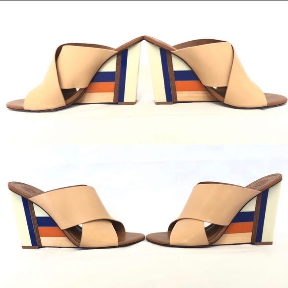 Criss Cross Slip On Mules Color Block Heel Wedge Tory Burch - Picture 2 of 15